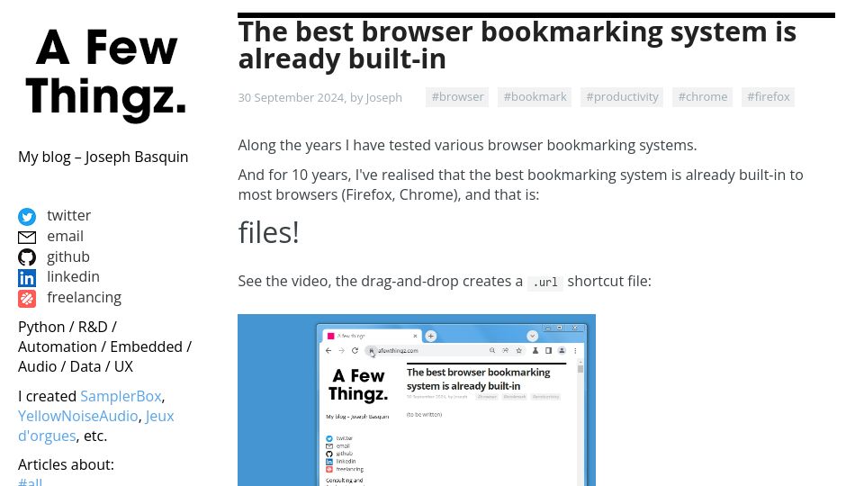Screenshot of afewthingz.com: The best browser bookmarking system is files