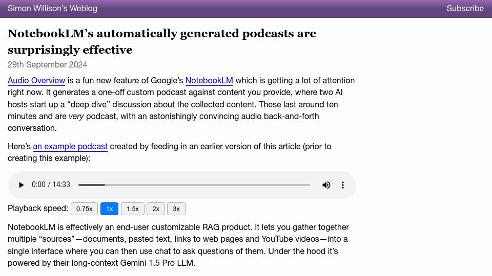 Screenshot of simonwillison.net: NotebookLM's automatically generated podcasts are surprisingly effective