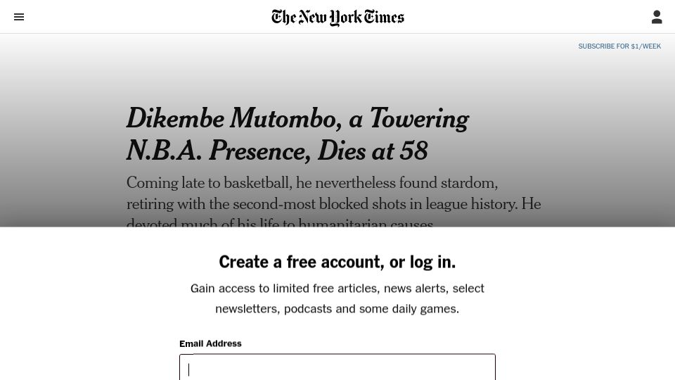 Screenshot of nytimes.com: Dikembe Mutombo has died at age 58