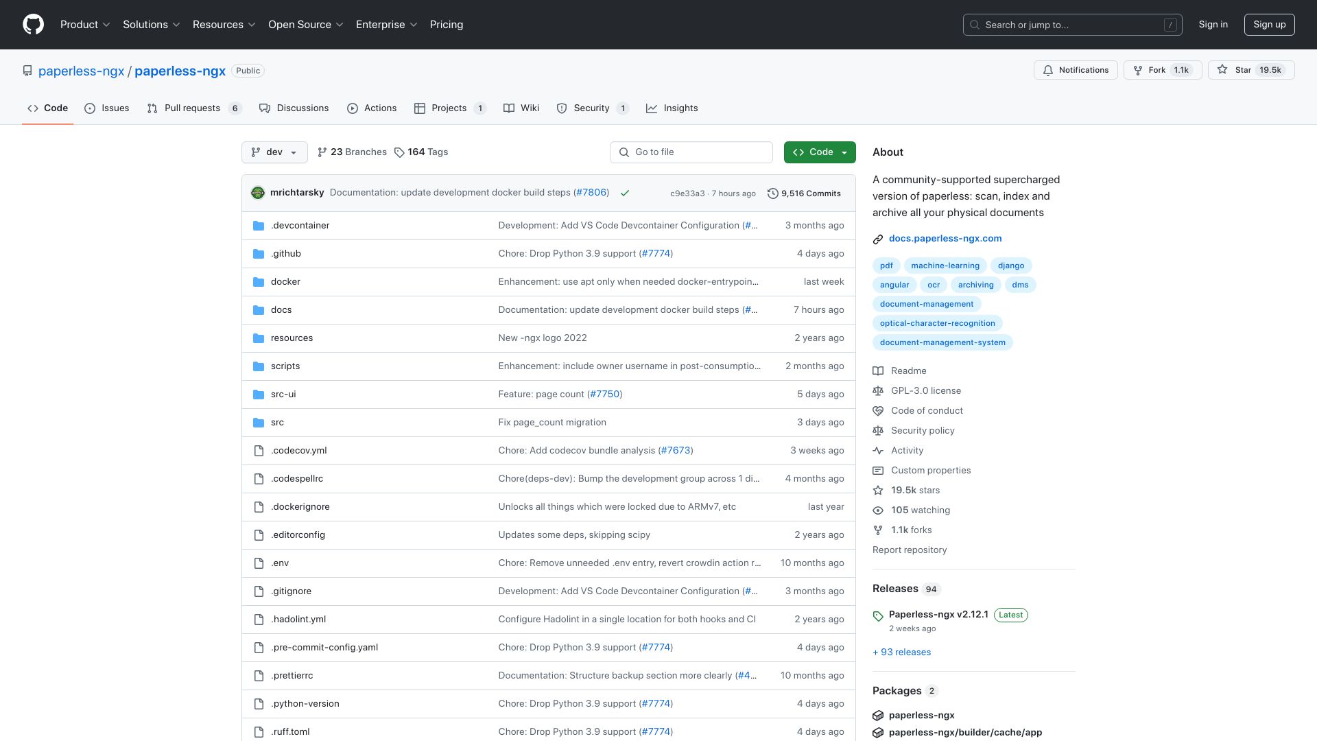 Screenshot of github.com: Paperless-ngx: scan, index and archive all your physical documents