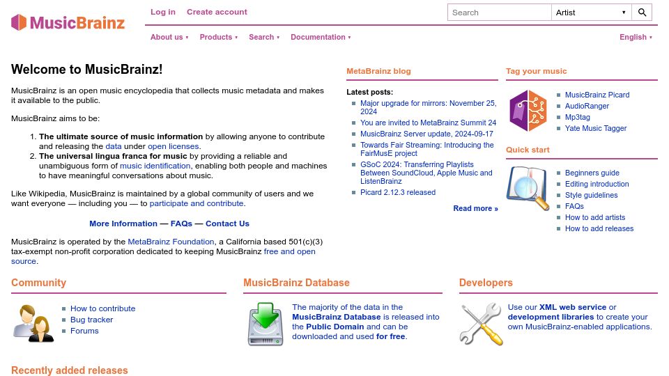Screenshot of musicbrainz.org: MusicBrainz: An open music encyclopedia