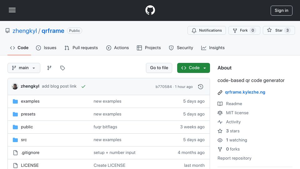 Screenshot of github.com: Show HN: qrframe – generate beautiful qr codes with javascript code