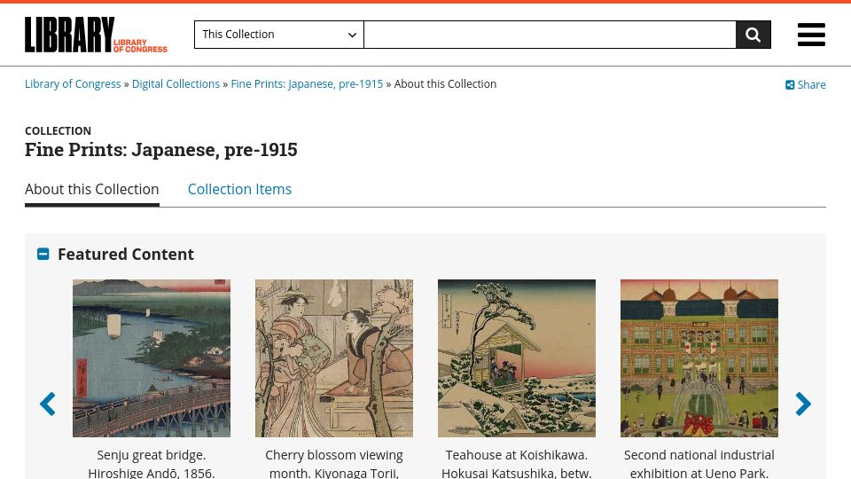 Screenshot of loc.gov: Fine Prints: Japanese, pre-1915