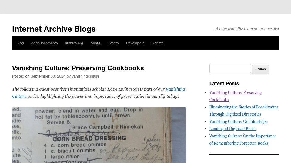 Screenshot of blog.archive.org: Vanishing Culture: Preserving Cookbooks