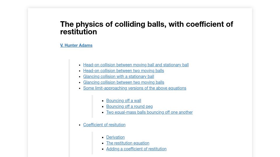 Screenshot of vanhunteradams.com: The Physics of Colliding Balls