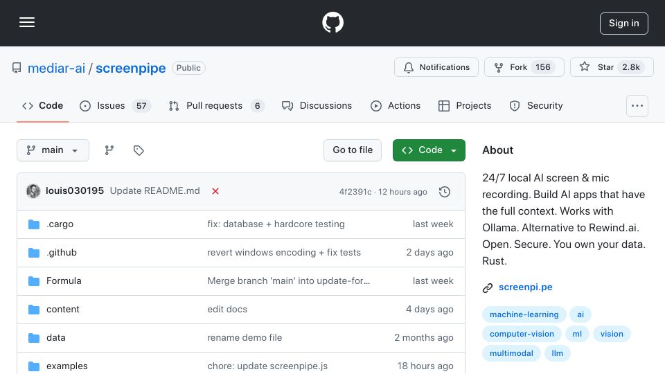 Screenshot of github.com: Screenpipe: 24/7 local AI screen and mic recording