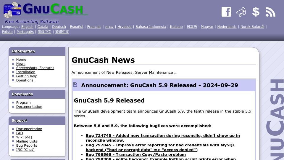 Screenshot of gnucash.org: GnuCash 5.9