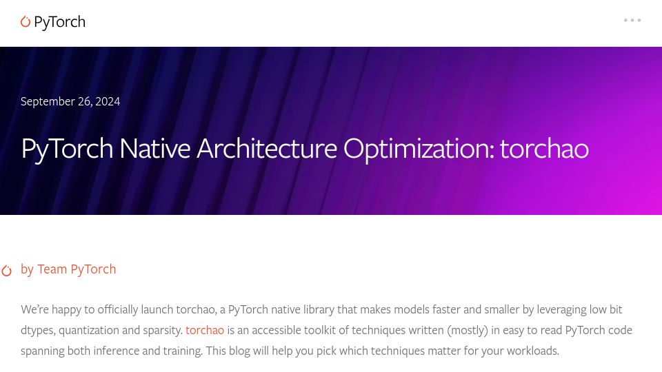 Screenshot of pytorch.org: PyTorch Native Architecture Optimization: Torchao