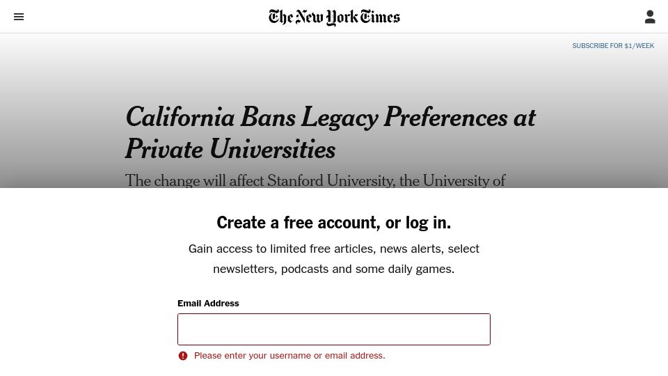 Screenshot of nytimes.com: California bans legacy admissions at private universities