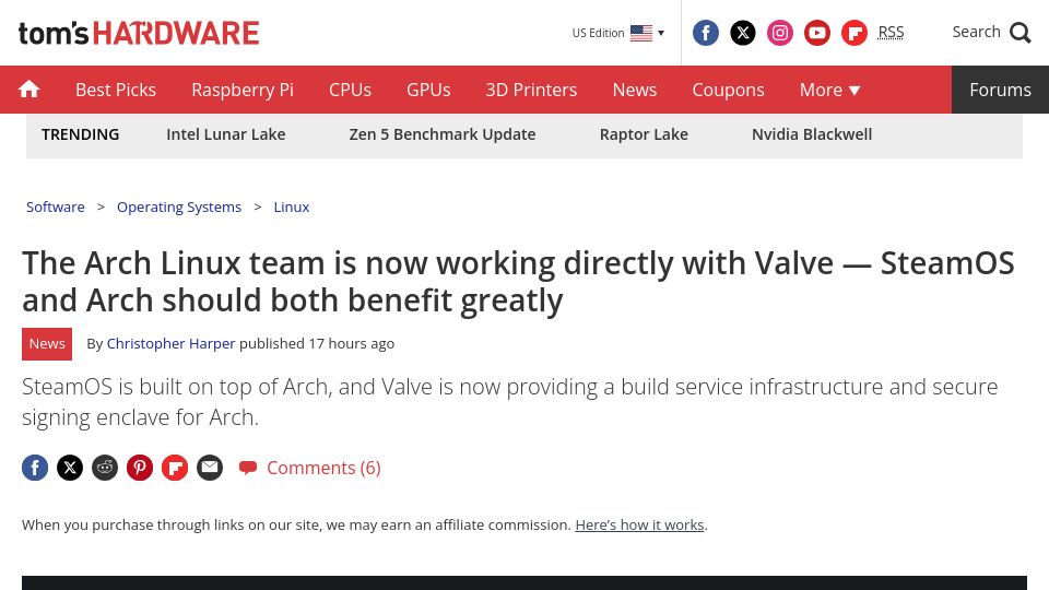 Screenshot of tomshardware.com: The Arch Linux team is now working directly with Valve