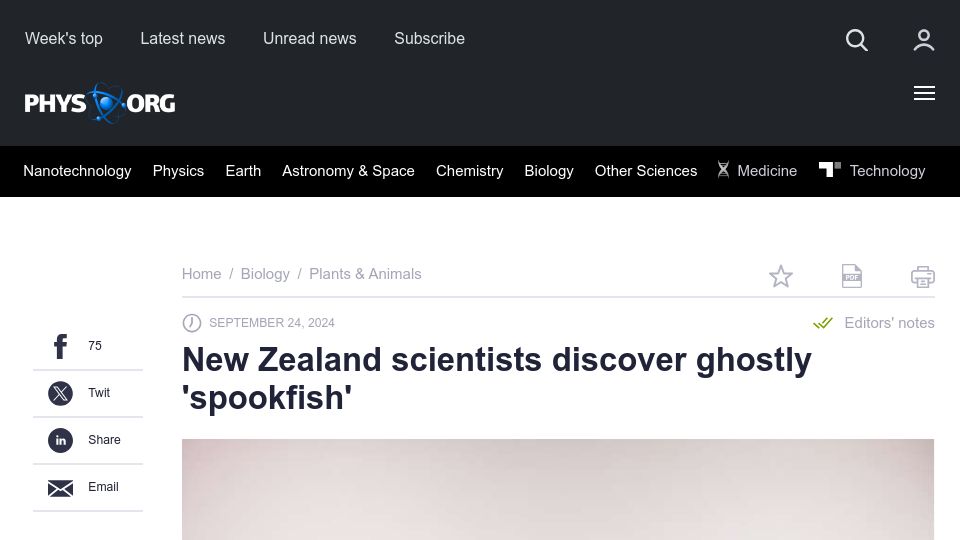 Screenshot of phys.org: New Zealand scientists discover ghostly 'spookfish'