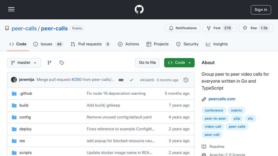 Screenshot of github.com: Peer Calls: WebRTC peer to peer calls for everyone