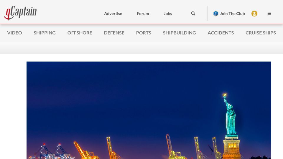 Screenshot of gcaptain.com: US East and Gulf coast ports face shutdown as union announces intent to strike