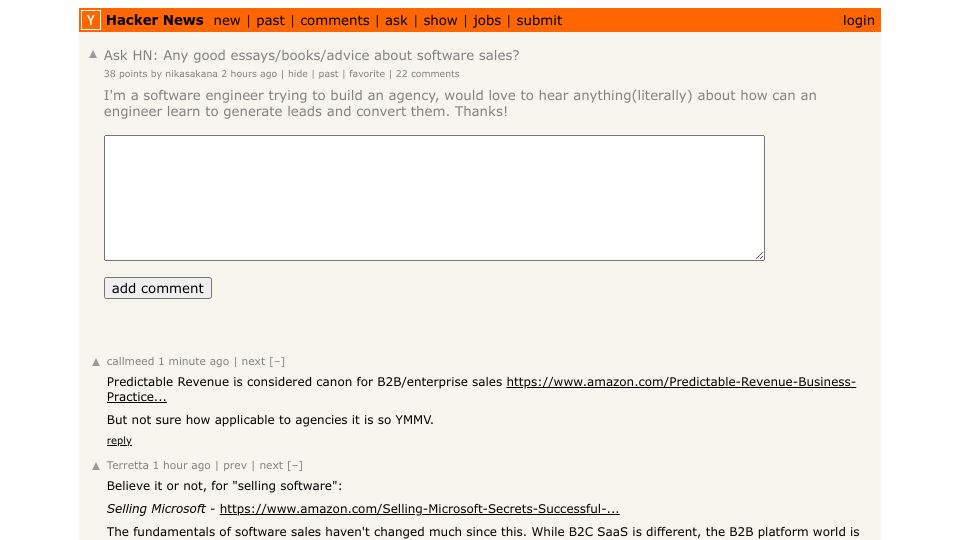 Screenshot of Hacker News post: Ask HN: Any good essays/books/advice about software sales?