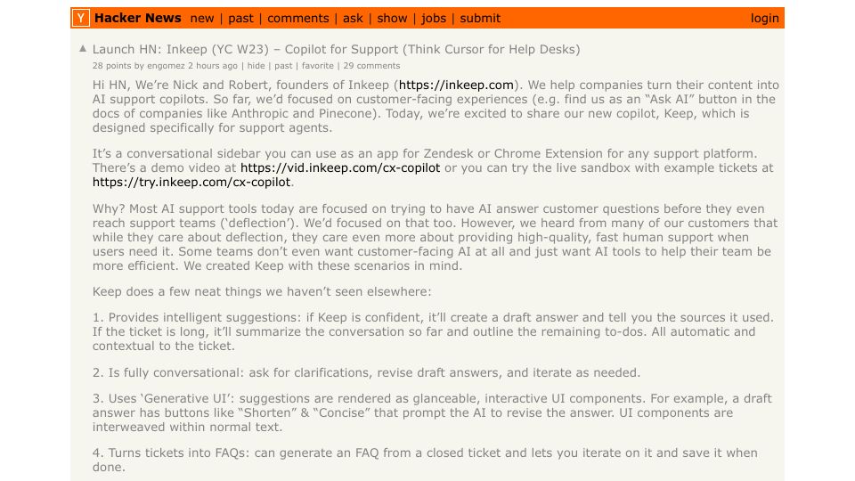 Screenshot of Hacker News post: Launch HN: Inkeep (YC W23) – Copilot for Support (think Cursor for help desks)