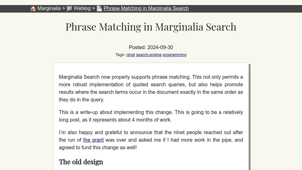 Screenshot of marginalia.nu: Phrase matching in Marginalia Search