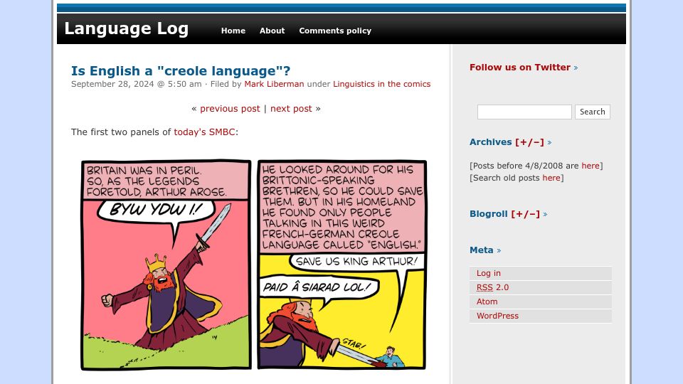 Screenshot of languagelog.ldc.upenn.edu: Is English a “creole Language”?