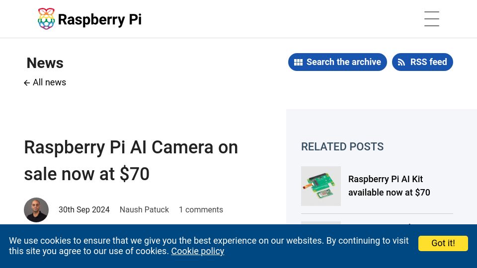 Screenshot of raspberrypi.com: Raspberry Pi AI Camera on sale now at $70