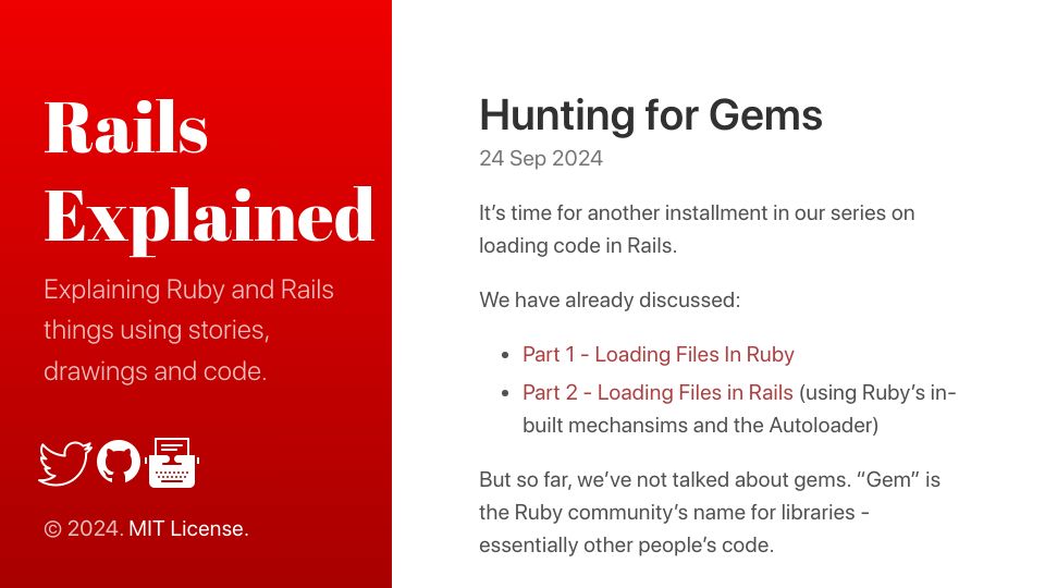 Screenshot of railsexplained.com: Hunting for Gems: How Ruby's package management system evolved