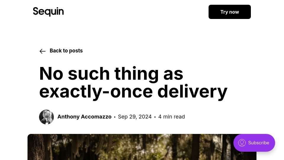 Screenshot of blog.sequinstream.com: No such thing as exactly-once delivery