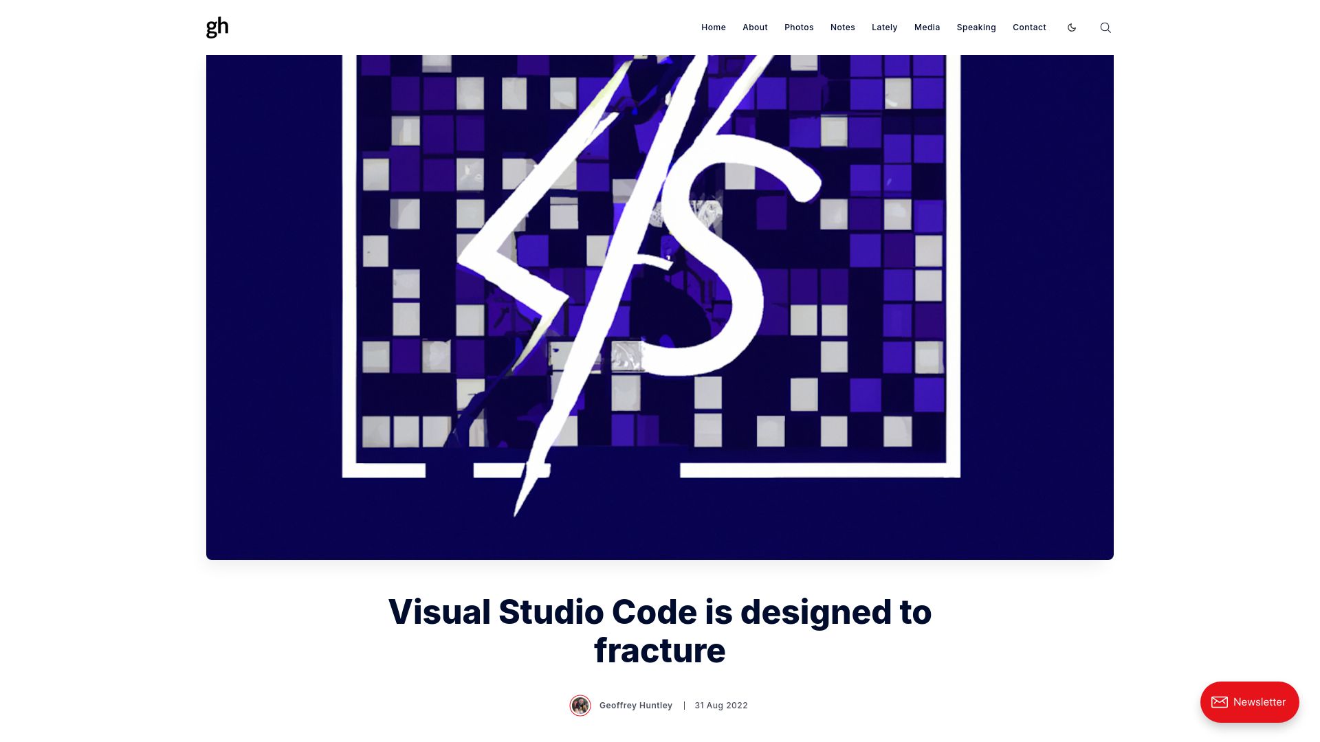 Screenshot of ghuntley.com: Visual Studio Code is designed to fracture (2022)