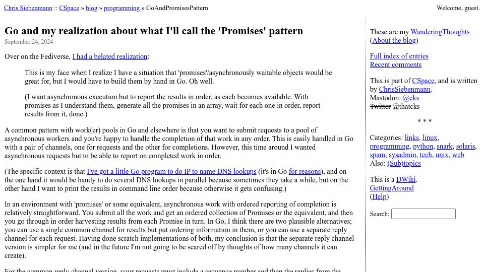 Screenshot of utcc.utoronto.ca: Go and my realization about what I'll call the 'Promises' pattern