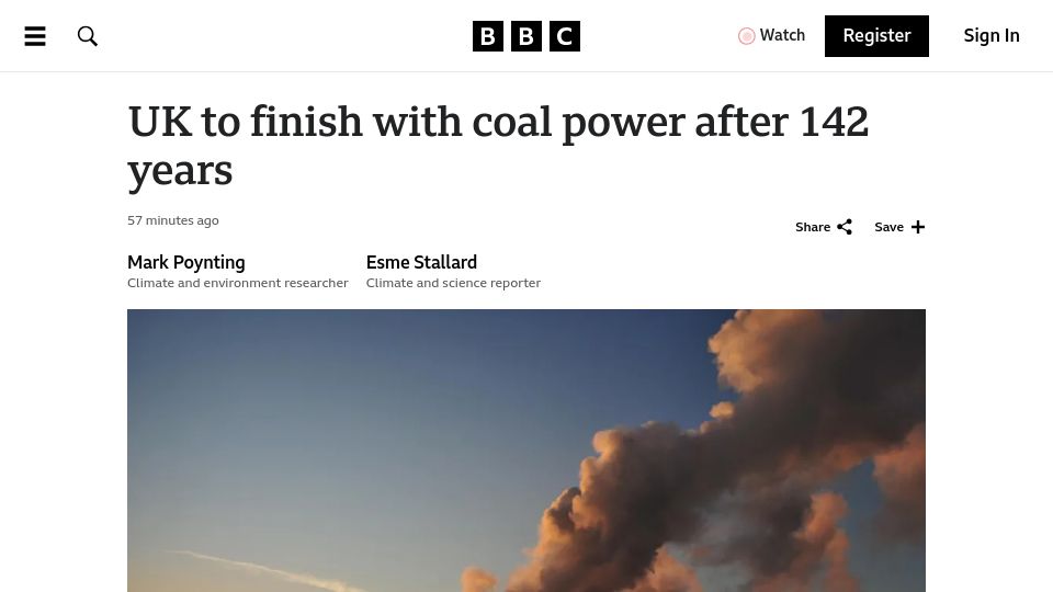 Screenshot of bbc.co.uk: UK to finish with coal power after 142 years
