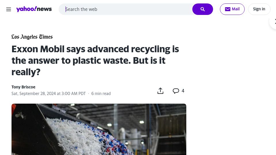 Screenshot of yahoo.com: Exxon Mobil's 'Advanced' Technique for Recycling Plastic? Burning It