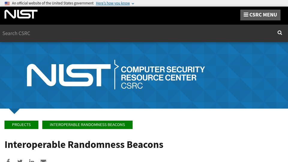 Screenshot of csrc.nist.gov: NIST Interoperable Randomness Beacons