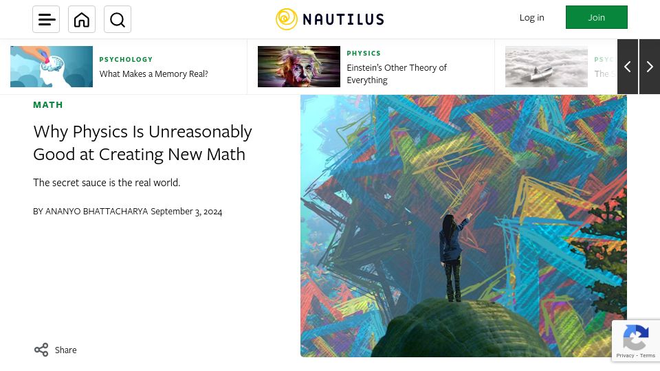 Screenshot of nautil.us: Physics is unreasonably good at creating new math