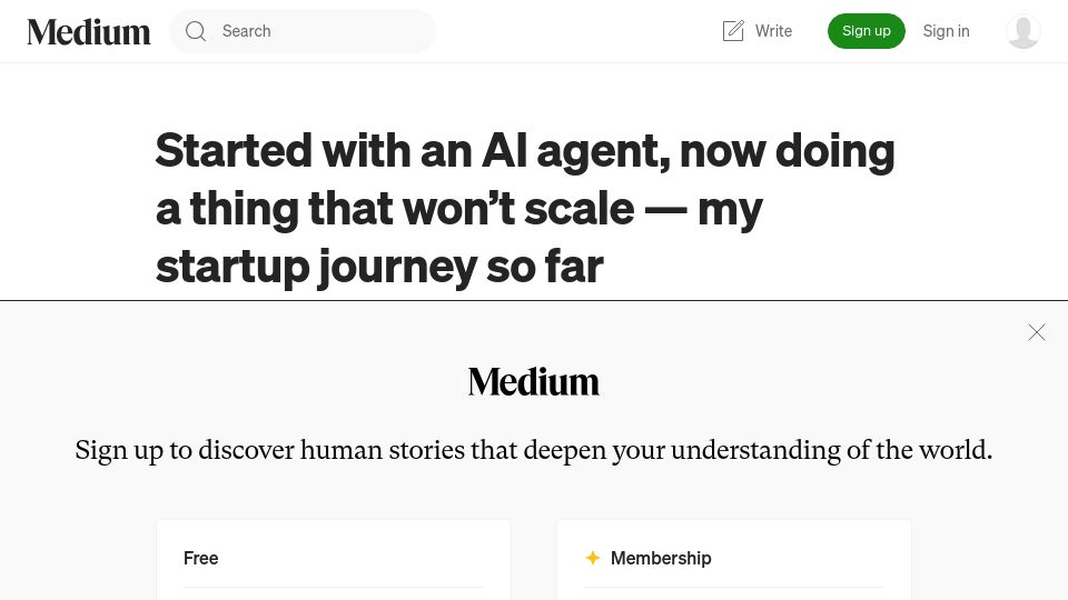 Screenshot of medium.com: Started with an AI agent, now doing a thing that won't scale