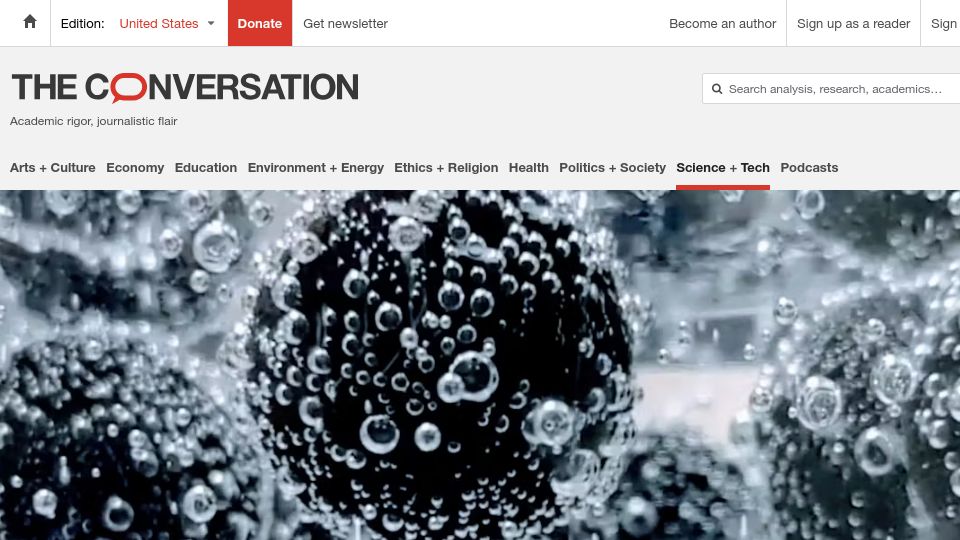 Screenshot of theconversation.com: 'Dancing' raisins − a simple kitchen experiment