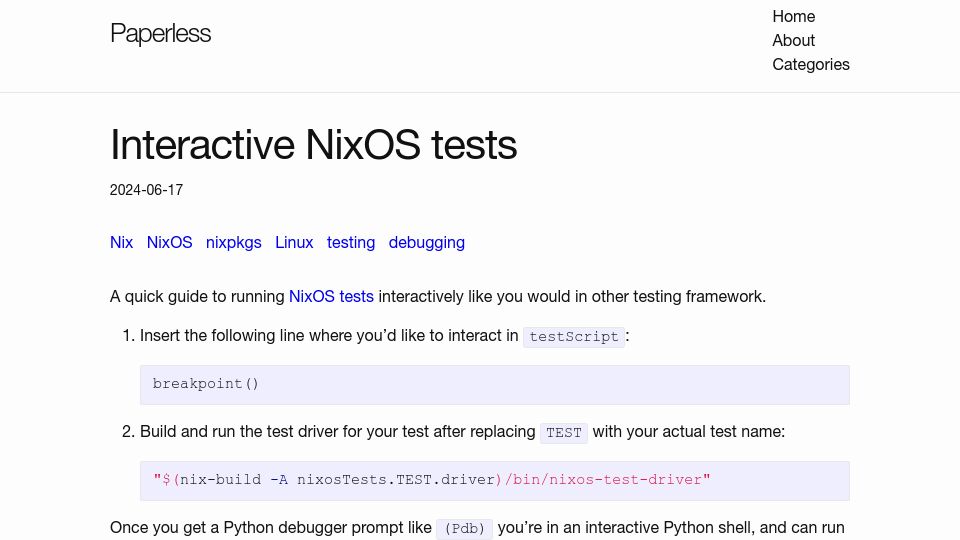 Screenshot of paperless.blog: Interactive NixOS Tests