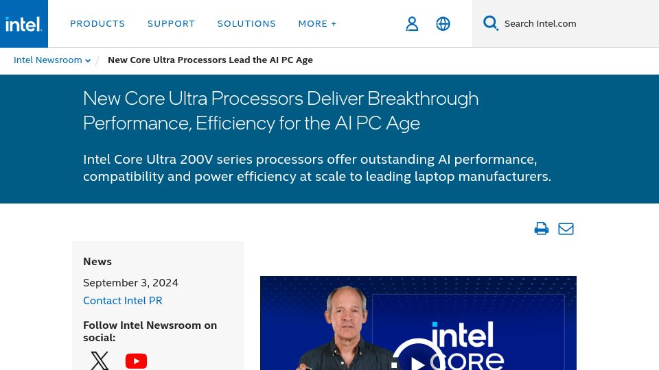 Screenshot of intel.com: Intel: New Core Ultra Processors Deliver Breakthrough Performance