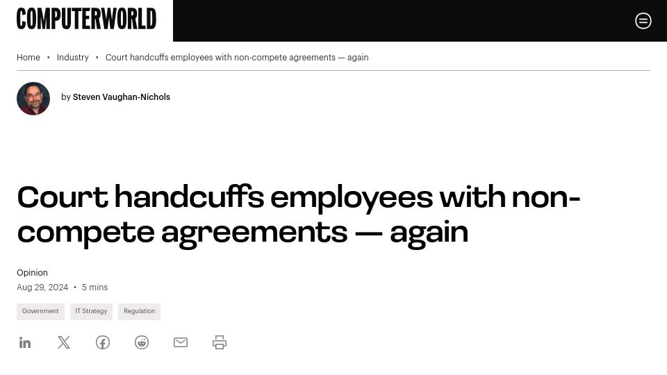 Screenshot of computerworld.com: Judge stops FTC from enforcing ban on non-compete agreements
