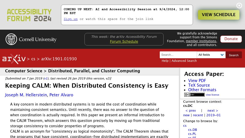 Screenshot of arxiv.org: Keeping CALM: When distributed consistency is easy (2019)