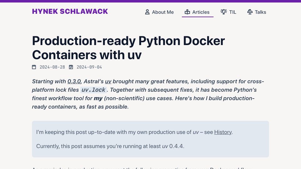 Screenshot of hynek.me: Production-ready Docker Containers with uv