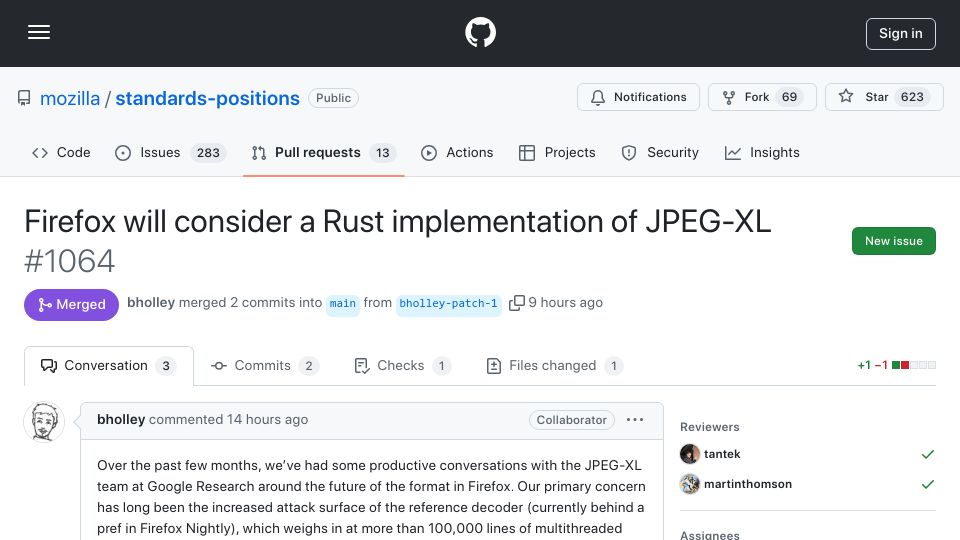 Screenshot of github.com: Firefox will consider a Rust implementation of JPEG-XL