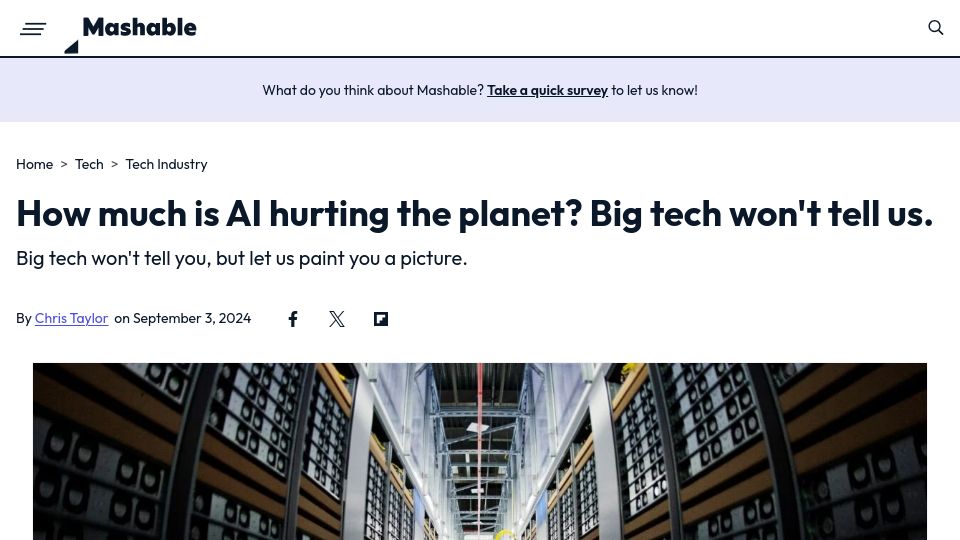 Screenshot of mashable.com: How much is AI hurting the planet? Big tech won't tell us