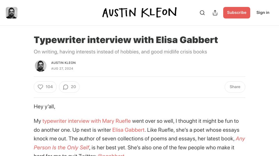 Screenshot of austinkleon.substack.com: Typewriter Interview with Elisa Gabbert