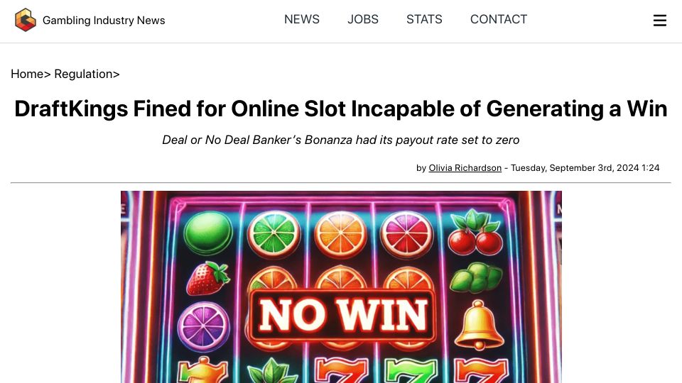 Screenshot of gamblingindustrynews.com: Draftkings fined after Slots "glitch" made it impossible to win