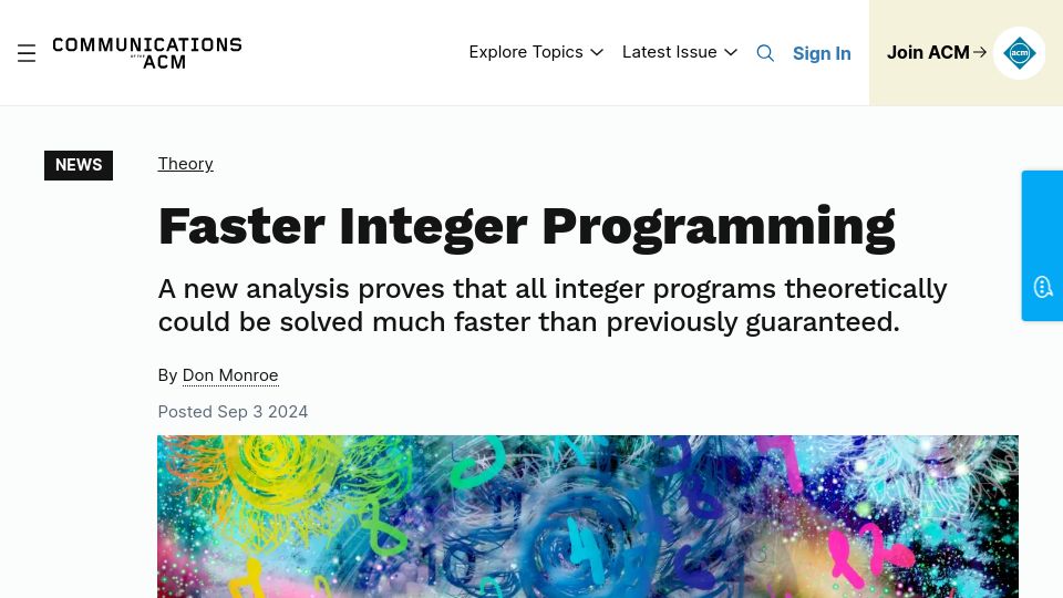 Screenshot of cacm.acm.org: Faster Integer Programming