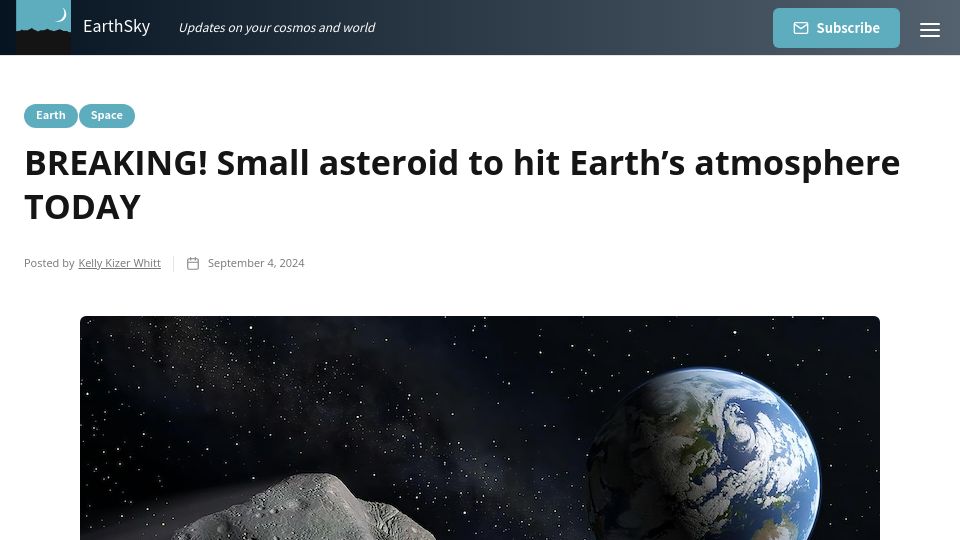 Screenshot of earthsky.org: Small asteroid to hit Earth's atmosphere today