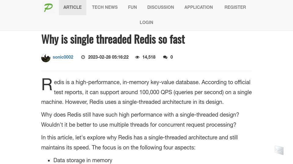 Screenshot of pixelstech.net: Why is single threaded Redis so fast