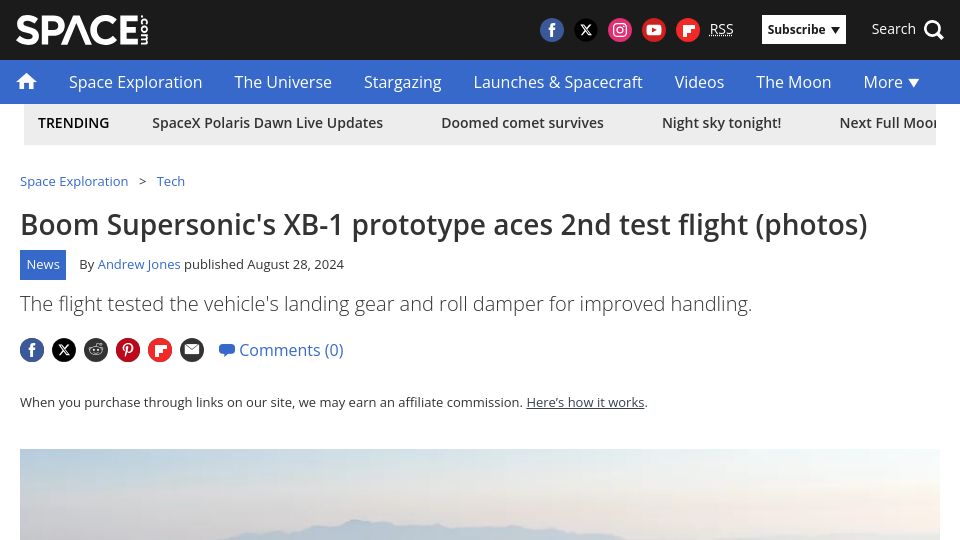 Screenshot of space.com: Boom Supersonic's XB-1 prototype aces 2nd test flight