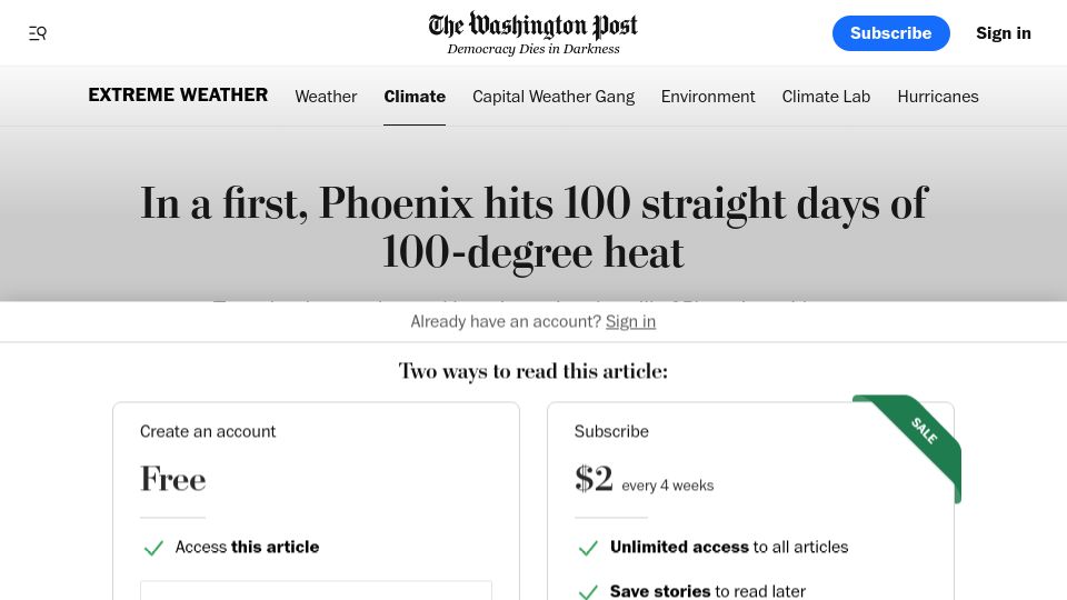 Screenshot of washingtonpost.com: In a first, Phoenix hits 100 straight days of 100-degree heat