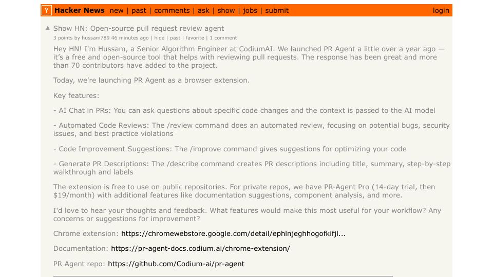 Screenshot of Hacker News post: Show HN: Open-source pull request review agent
