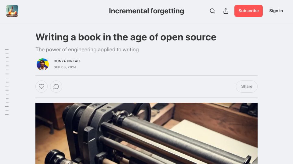 Screenshot of blog.incrementalforgetting.tech: Writing a book in the age of open source