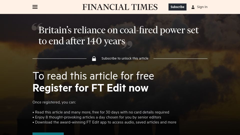 Screenshot of ft.com: Britain's reliance on coal-fired power set to end after 140 years