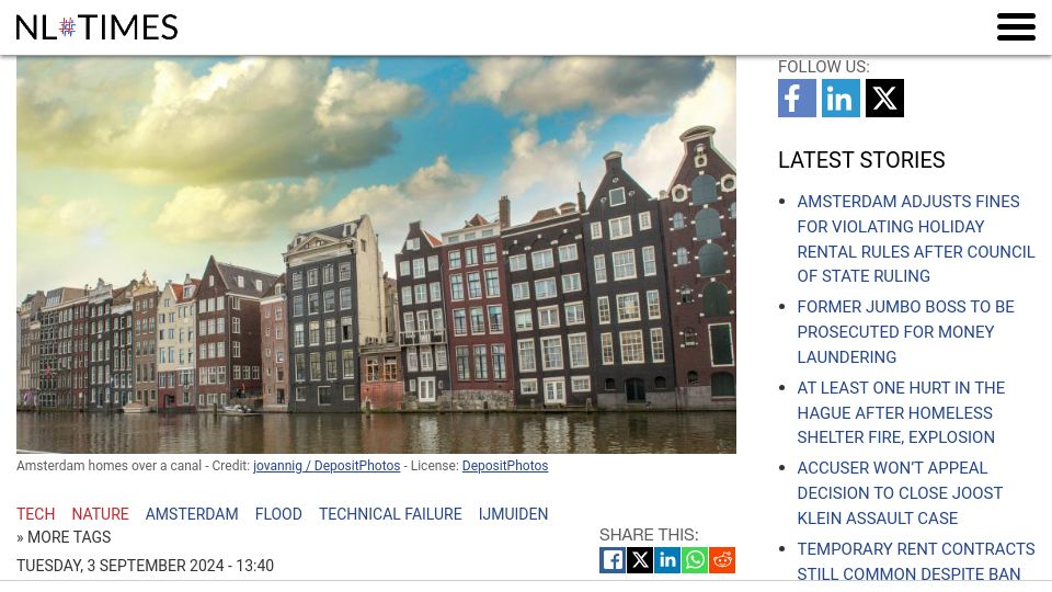 Screenshot of nltimes.nl: Tech failure nearly caused massive flood in Amsterdam